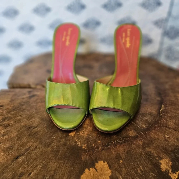 Kate Spade Italian Vintage 70s Dress Slide Green Iridescent Shimmer Heels 5 - Picture 4 of 11